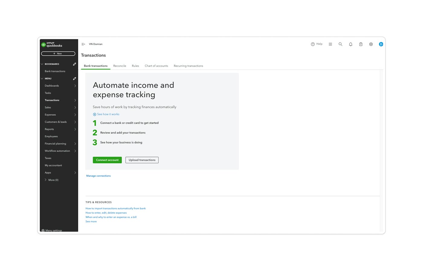 QuickBooks Online bank transactions tab prompting the user to connect a bank or credit card account