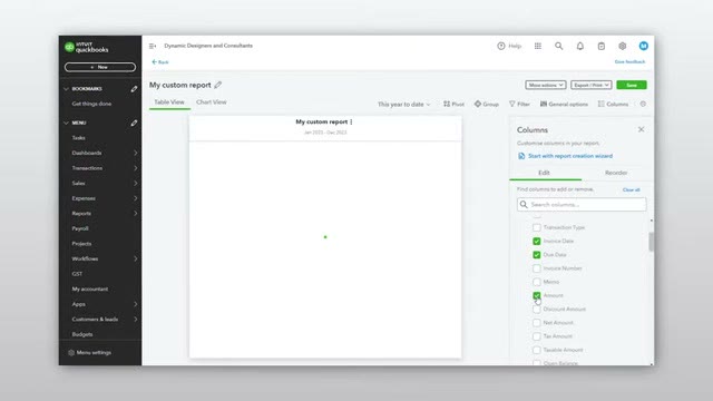 QuickBooks Online Advanced custom report builder showing column selection for a saved report