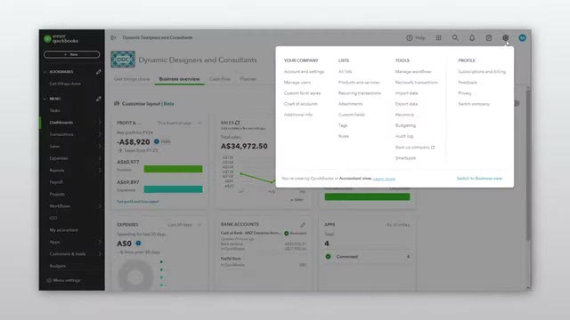 QuickBooks Online Advanced settings menu showing the Manage workflows and audit log tools