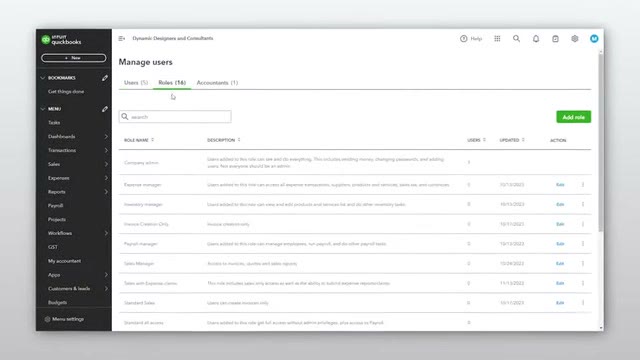 QuickBooks Online Advanced manage users screen showing a list of custom user roles and permissions