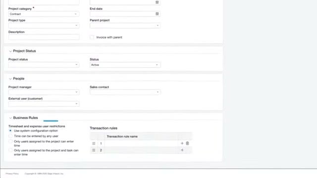 Sage Intacct project configuration screen showing project status, people, and business rules fields