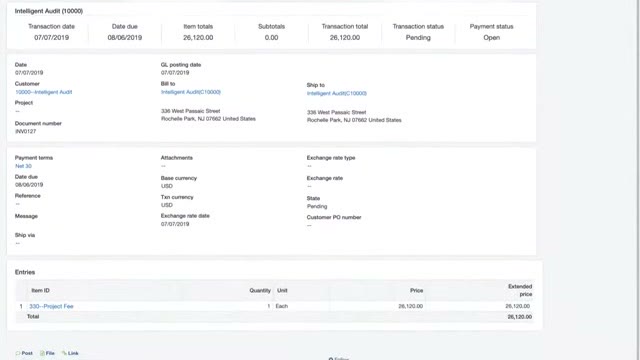 Sage Intacct transaction detail screen showing an Intelligent Audit invoice with line item entries