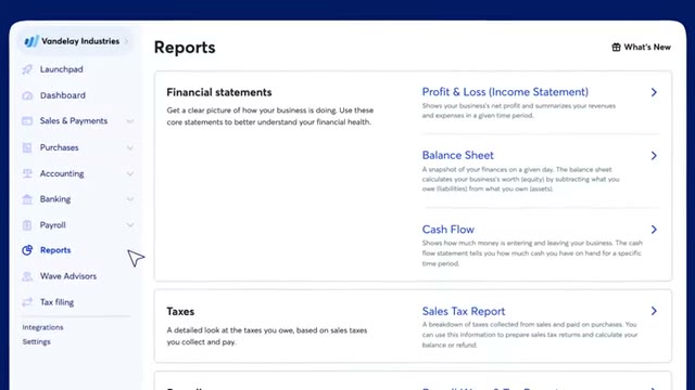 Wave reports section listing profit and loss balance sheet cash flow and sales tax report tiles