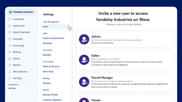 Wave settings screen for inviting a new team member and choosing a user role