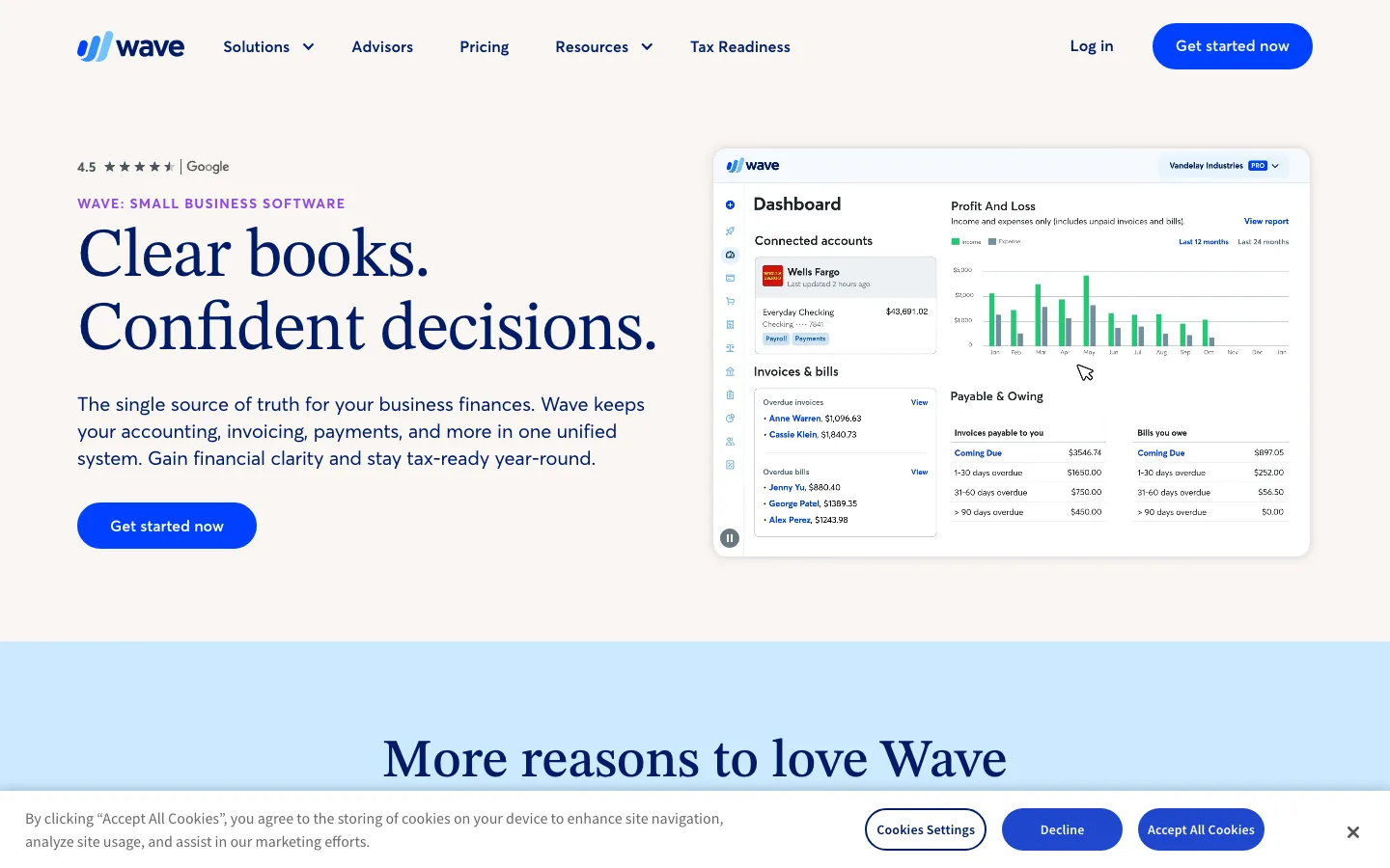Wave accounting homepage showing clear books confident decisions headline with dashboard UI and invoicing preview