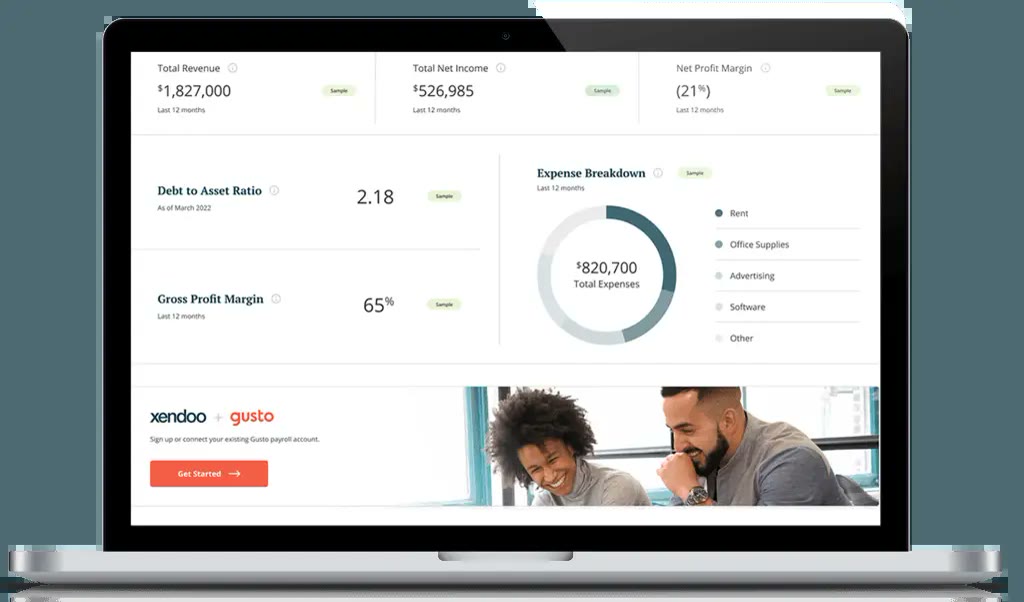 Xendoo Insights XP financial report screen showing total revenue, net profit margin, and an expense breakdown chart
