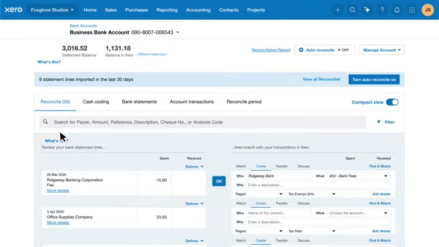 Xero bank account reconciliation screen matching imported bank statement lines against transactions