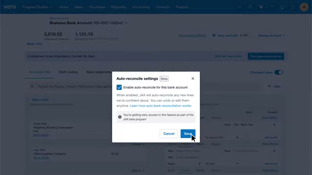 Xero auto-reconcile settings dialog for enabling automatic bank feed matching