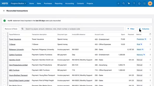 Xero reconciled transactions list showing matched payments with account codes and reconciliation method
