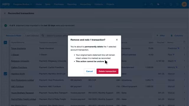 Xero delete confirmation dialog for removing and redoing a reconciled bank transaction