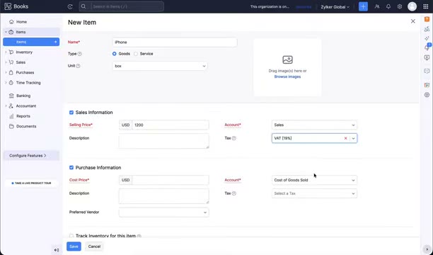 Zoho Books new item form showing selling price, purchase cost, and tax fields