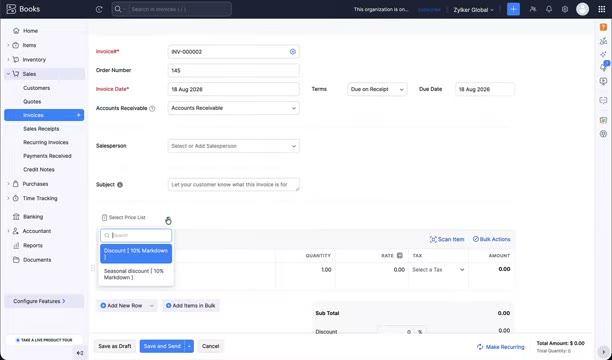 Zoho Books new invoice screen with a sales price list applied to line items