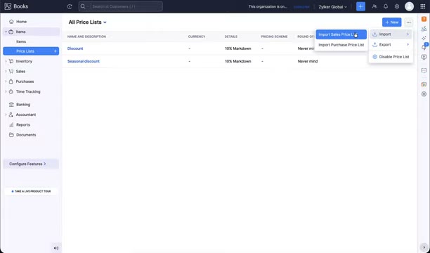 Zoho Books all price lists screen listing discount and seasonal markdown price lists