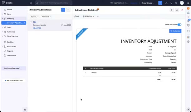 Zoho Books inventory adjustment detail showing a quantity adjustment for damaged goods