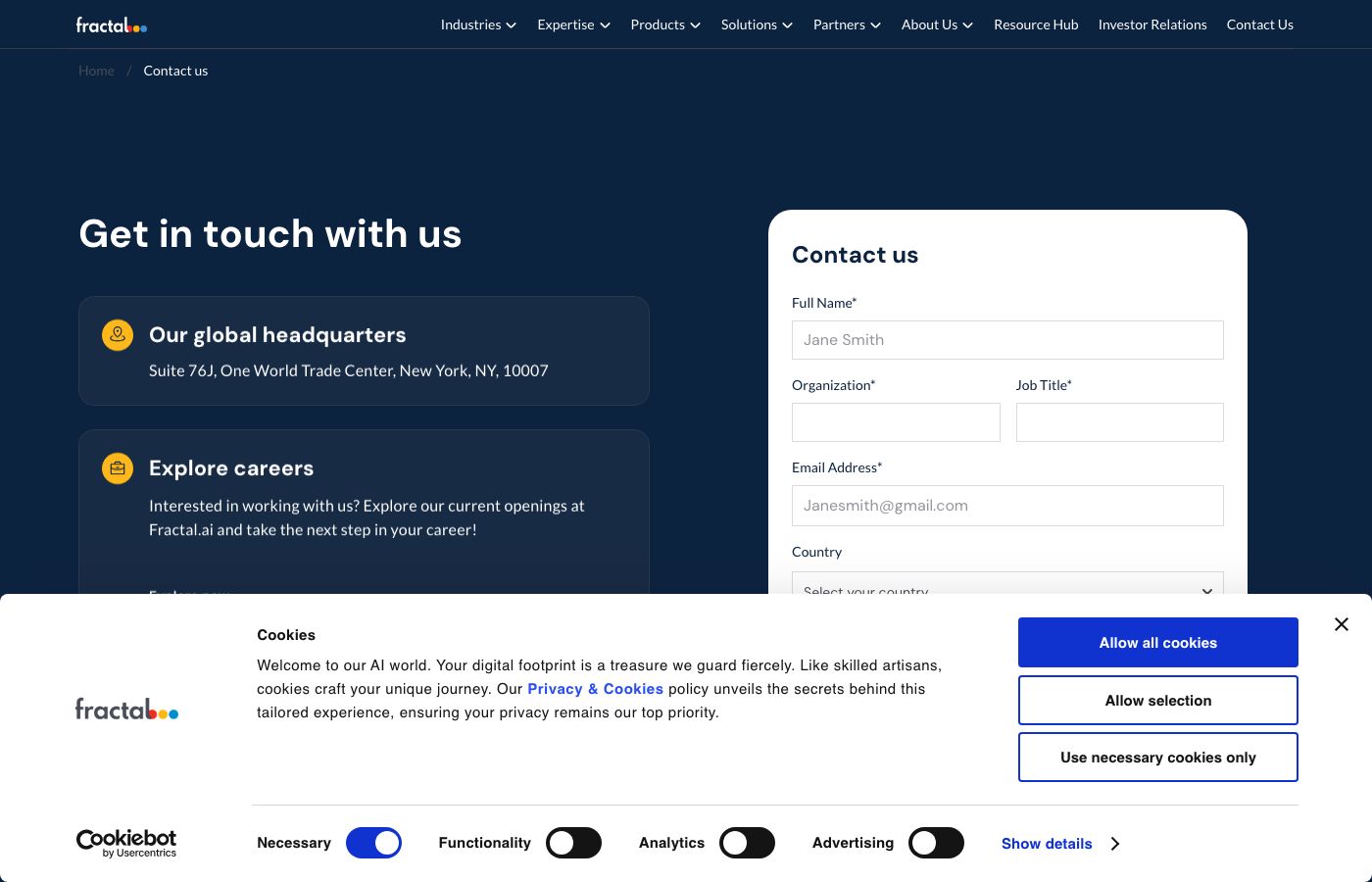 Fractal Analytics contact us page with the inquiry form