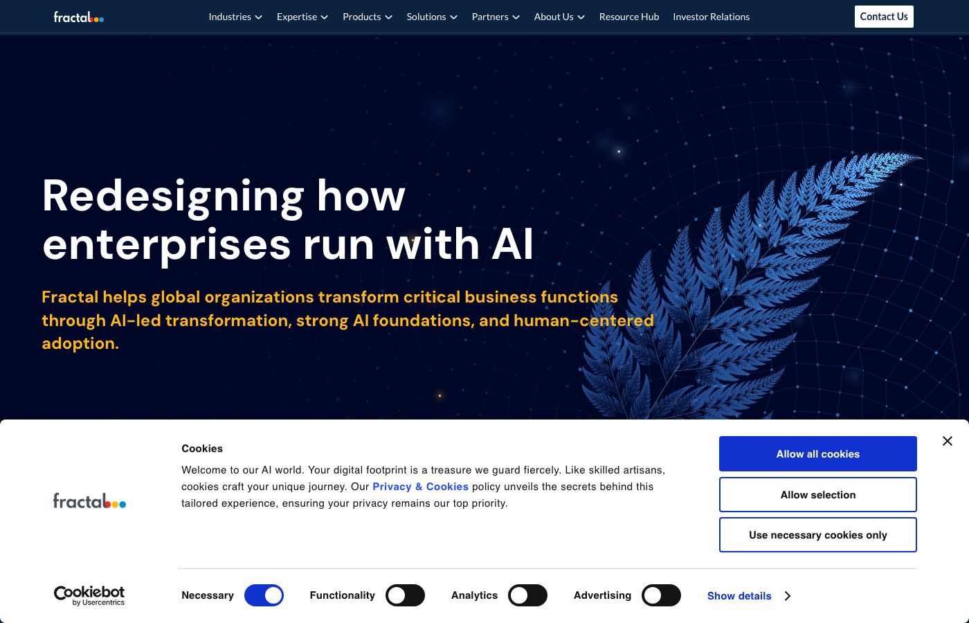 Fractal Analytics homepage showing enterprise AI and decision science positioning