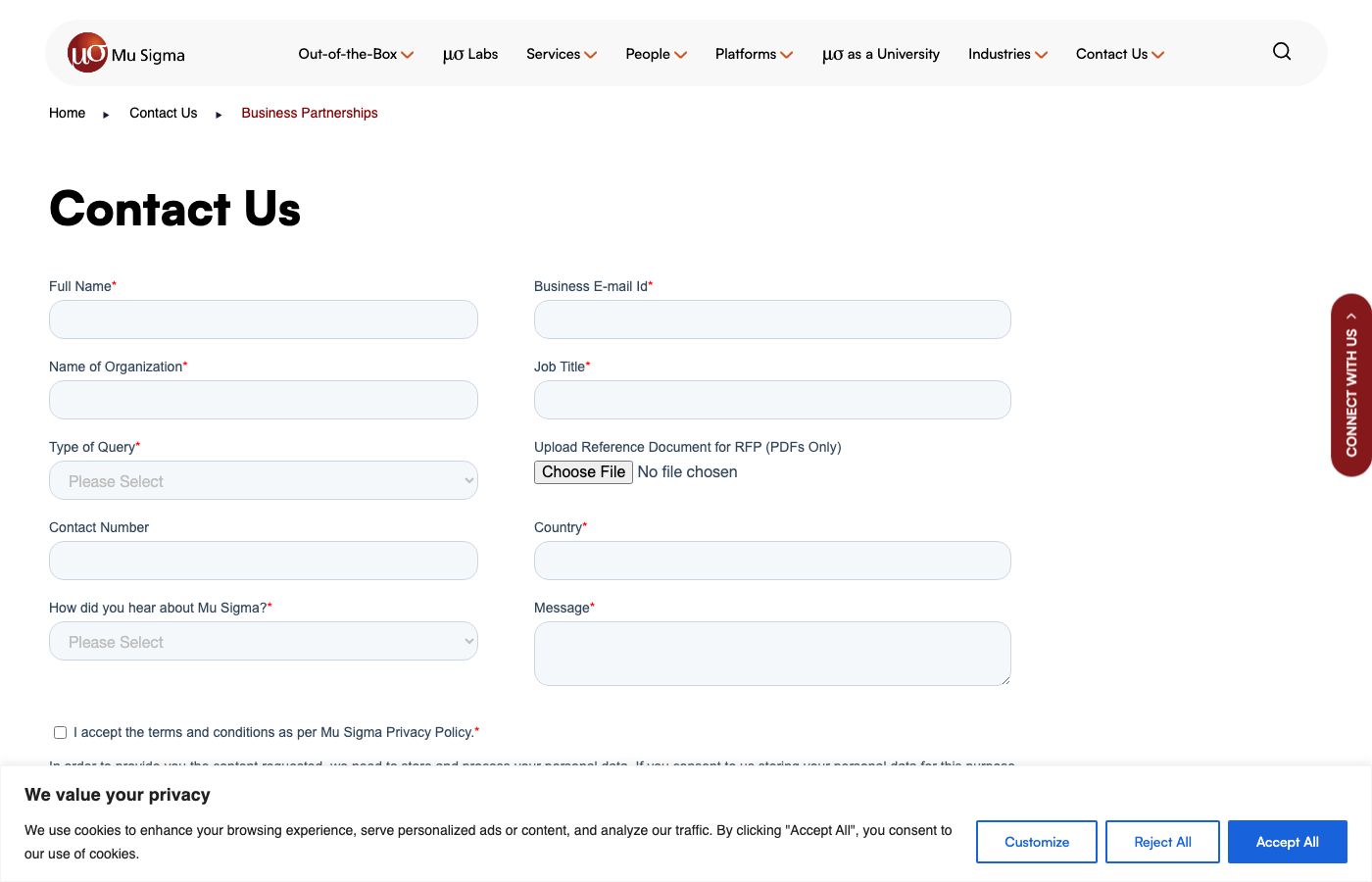 Mu Sigma client queries contact page