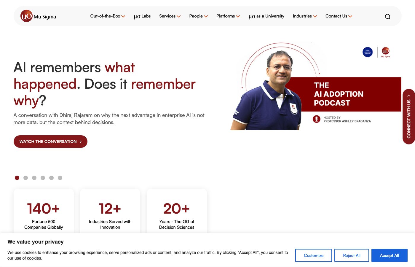 Mu Sigma homepage showing decision sciences consulting positioning