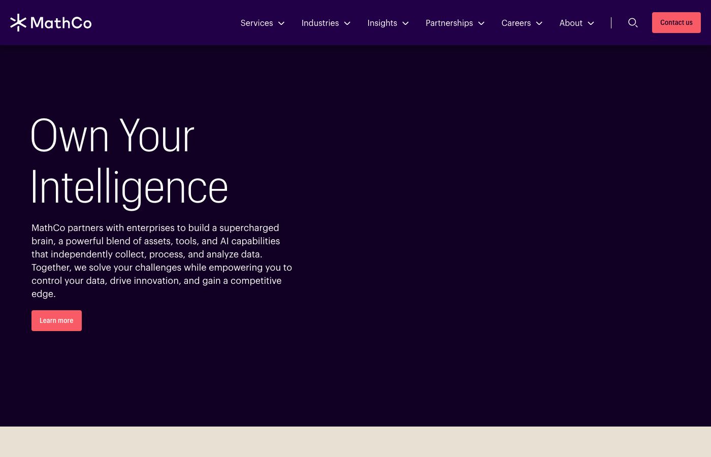 MathCo homepage showing custom data products and AI consulting positioning