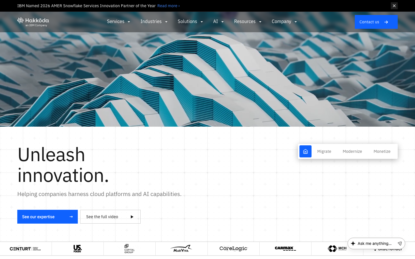 Hakkoda, an IBM Company homepage showing Snowflake-native data consulting and AI positioning