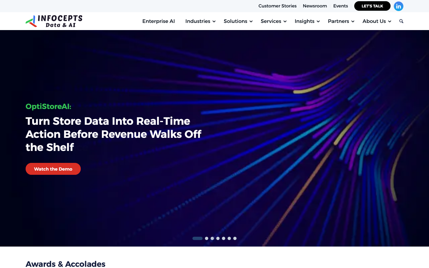 InfoCepts homepage showing Agentic Data Platform and Databricks data and AI consulting positioning