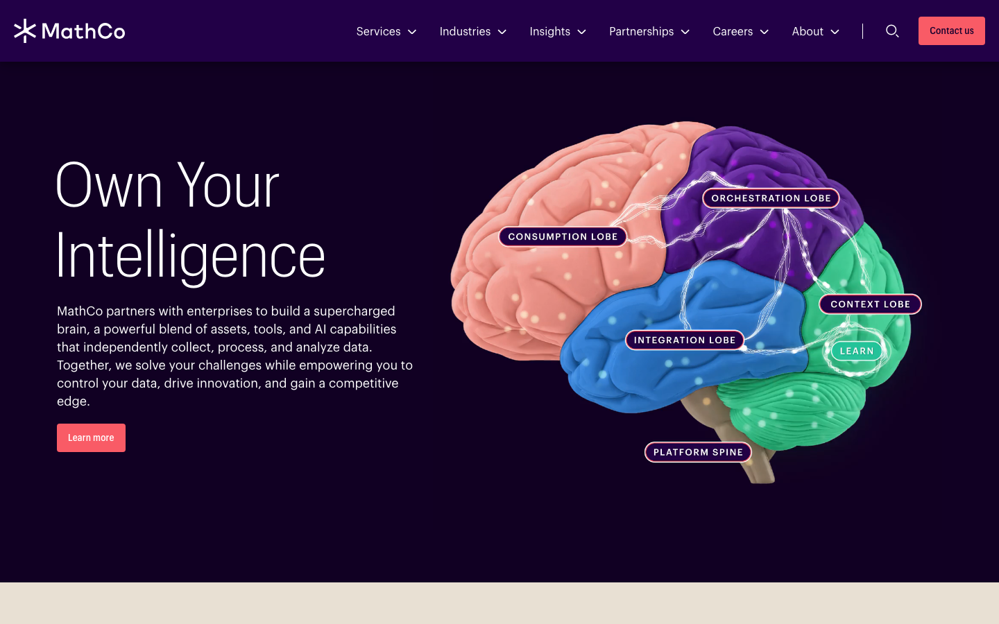 MathCo homepage showing NucliOS platform and agentic AI readiness consulting positioning