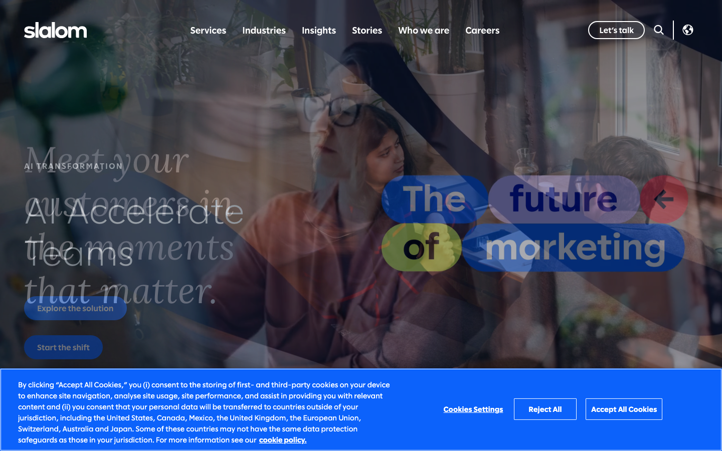 Slalom homepage showing enterprise data, AI, and digital transformation consulting positioning