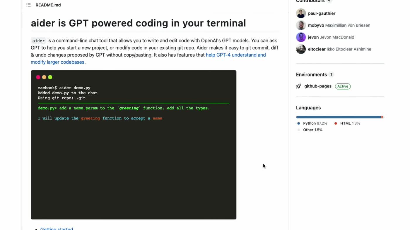 Aider terminal session showing the agent receiving a coding task and beginning to read the relevant files