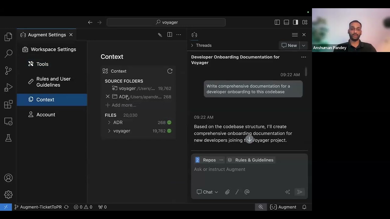 Augment Code remote agent Auggie working on a large repository with deep codebase context retrieval shown in the interface