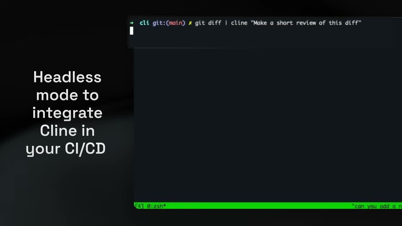 Cline CLI running headless in a terminal window performing a multi-step autonomous coding task