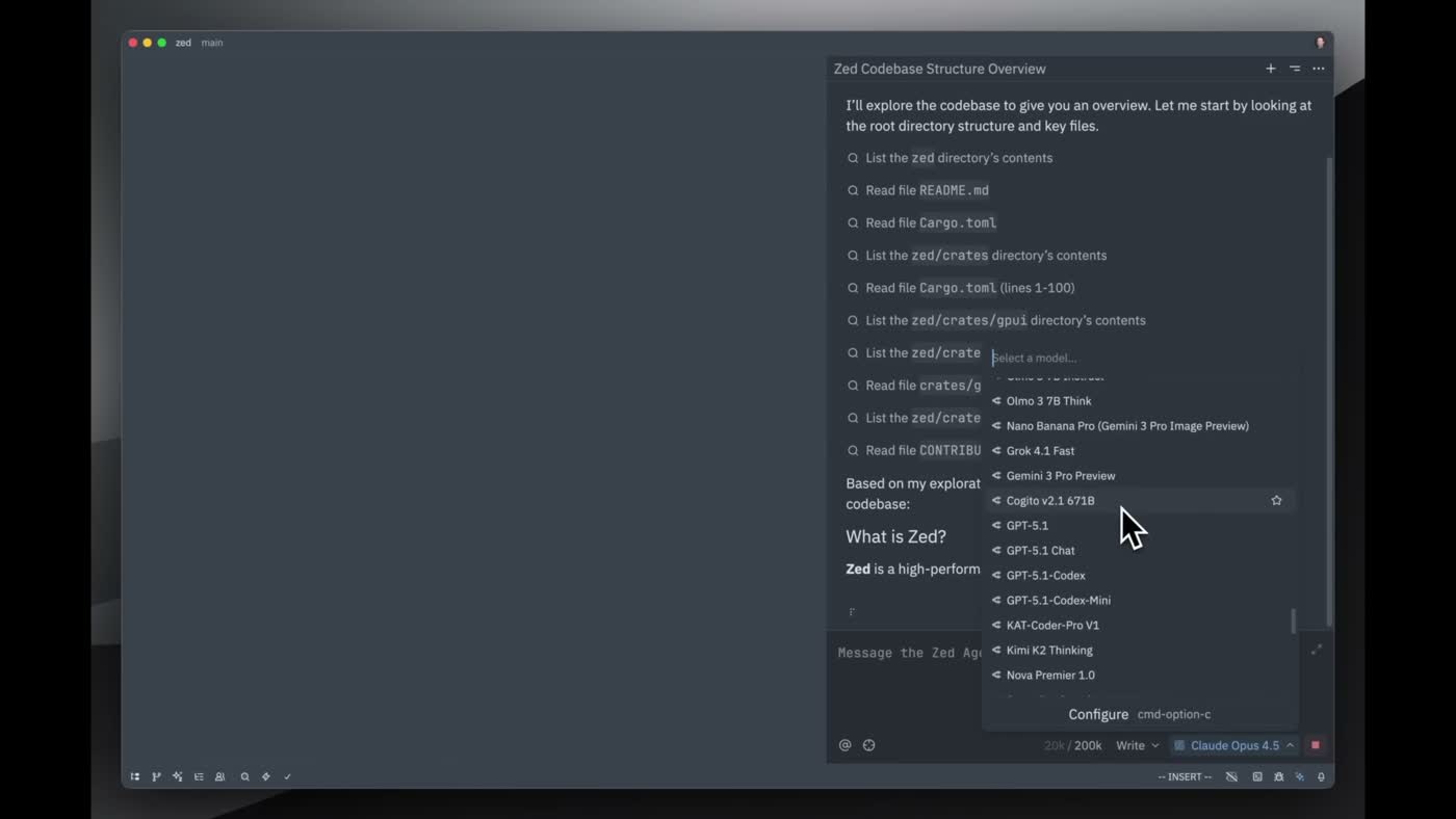 Zed editor connected to an external CLI agent via Agent Client Protocol showing the agent running in the Zed interface