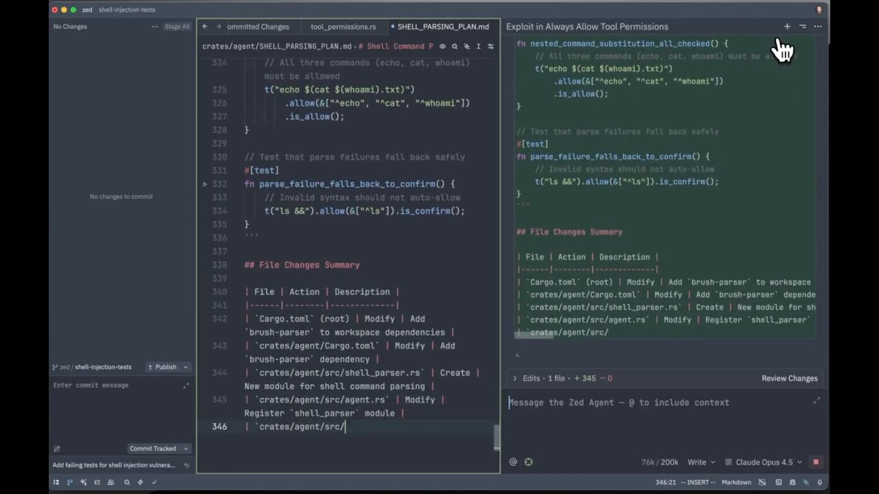 Zed editor showing the native AI panel with a coding agent active and the high-speed Rust-based editor interface visible