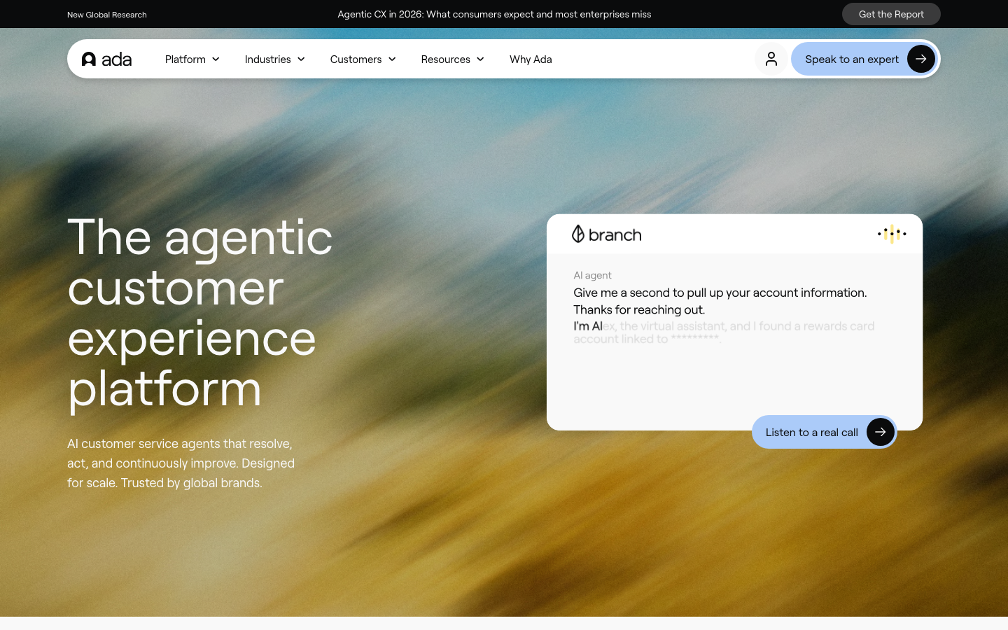 Ada CX homepage showing the agentic customer experience platform with live chat demo