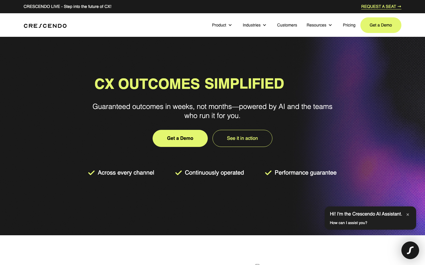 Crescendo homepage with CX outcomes simplified messaging and AI plus human support model