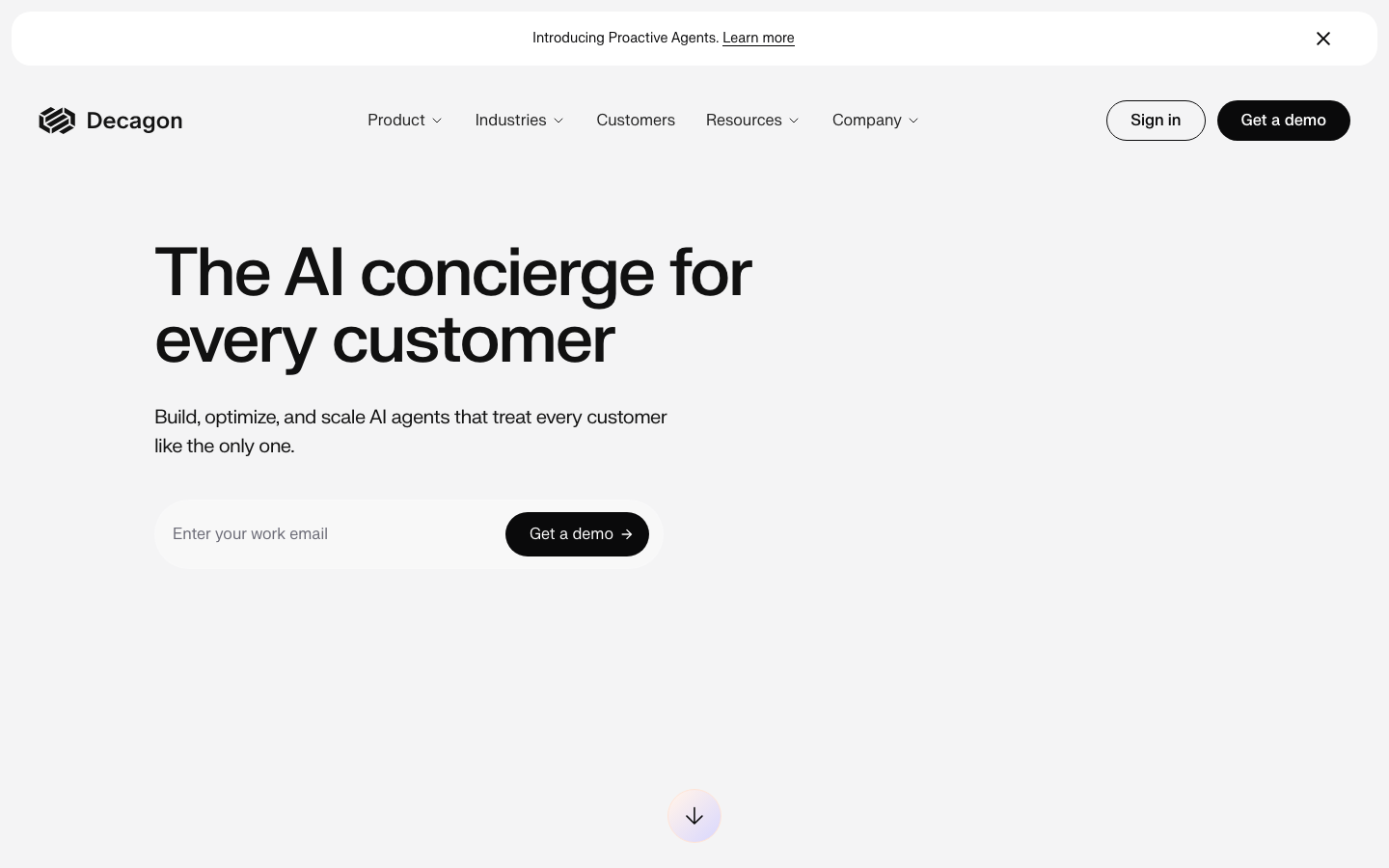 Decagon AI homepage showing the AI concierge platform with get-a-demo call to action
