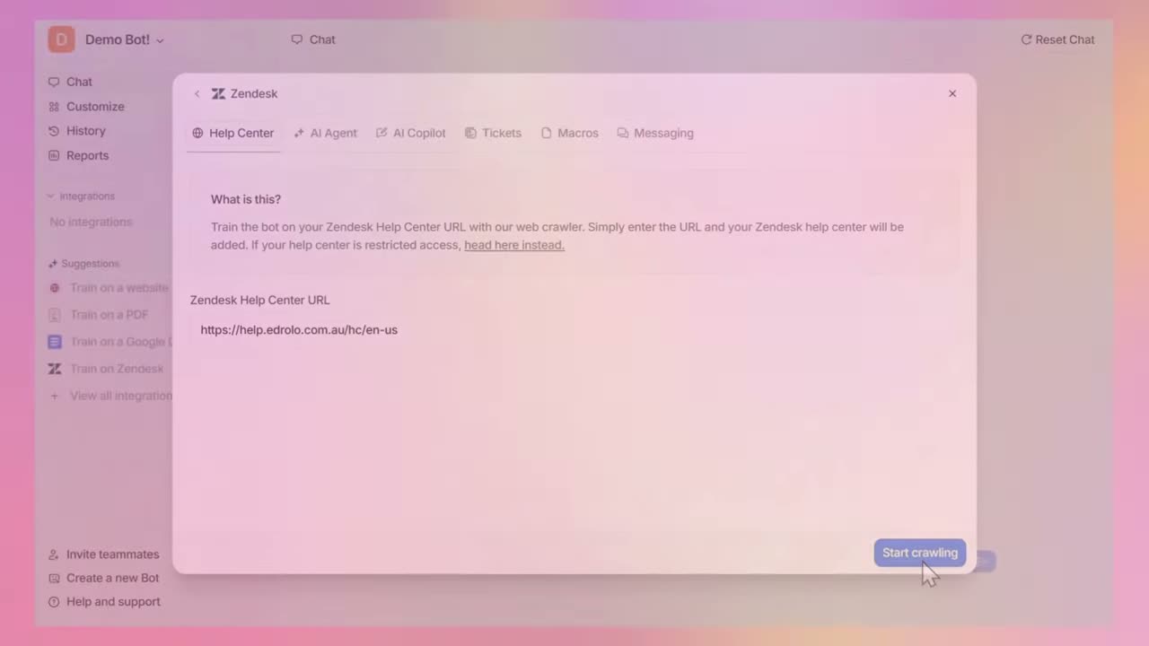 eesel AI ticket deflection analytics showing resolution rate, per-ticket cost at $0.40, and knowledge base coverage metrics