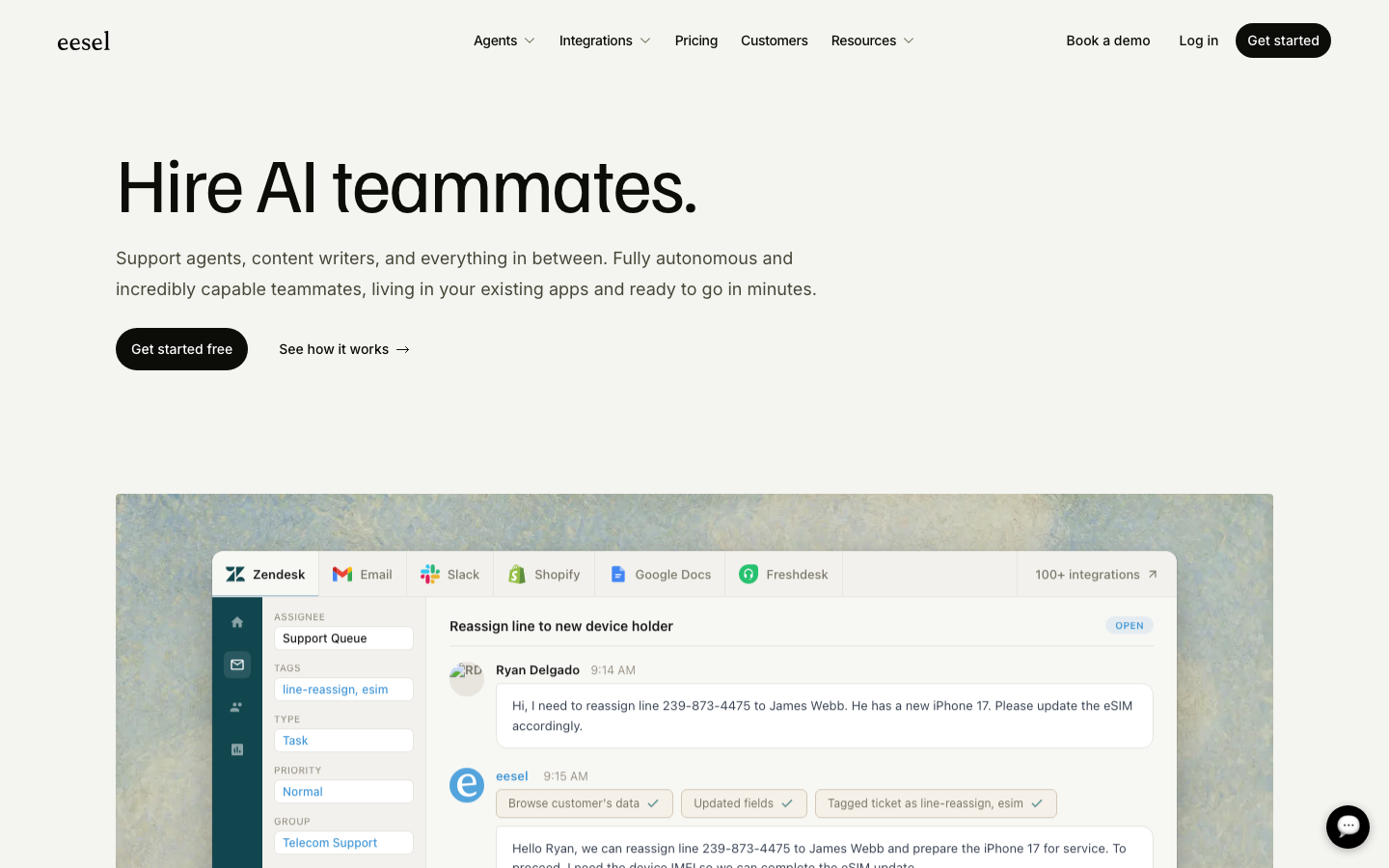 eesel AI homepage showing AI teammates interface with Zendesk integration and support ticket handling