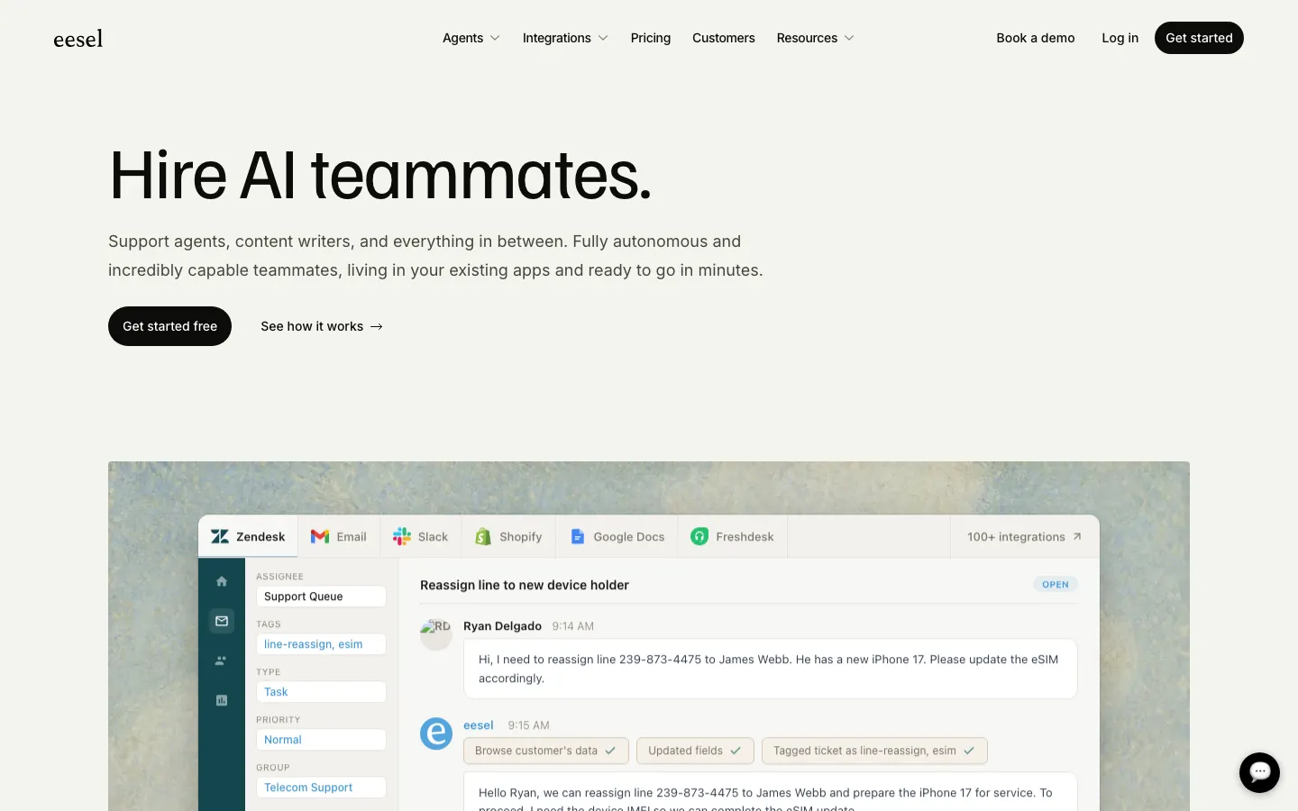 eesel AI homepage showing AI teammates interface with Zendesk integration and support ticket handling