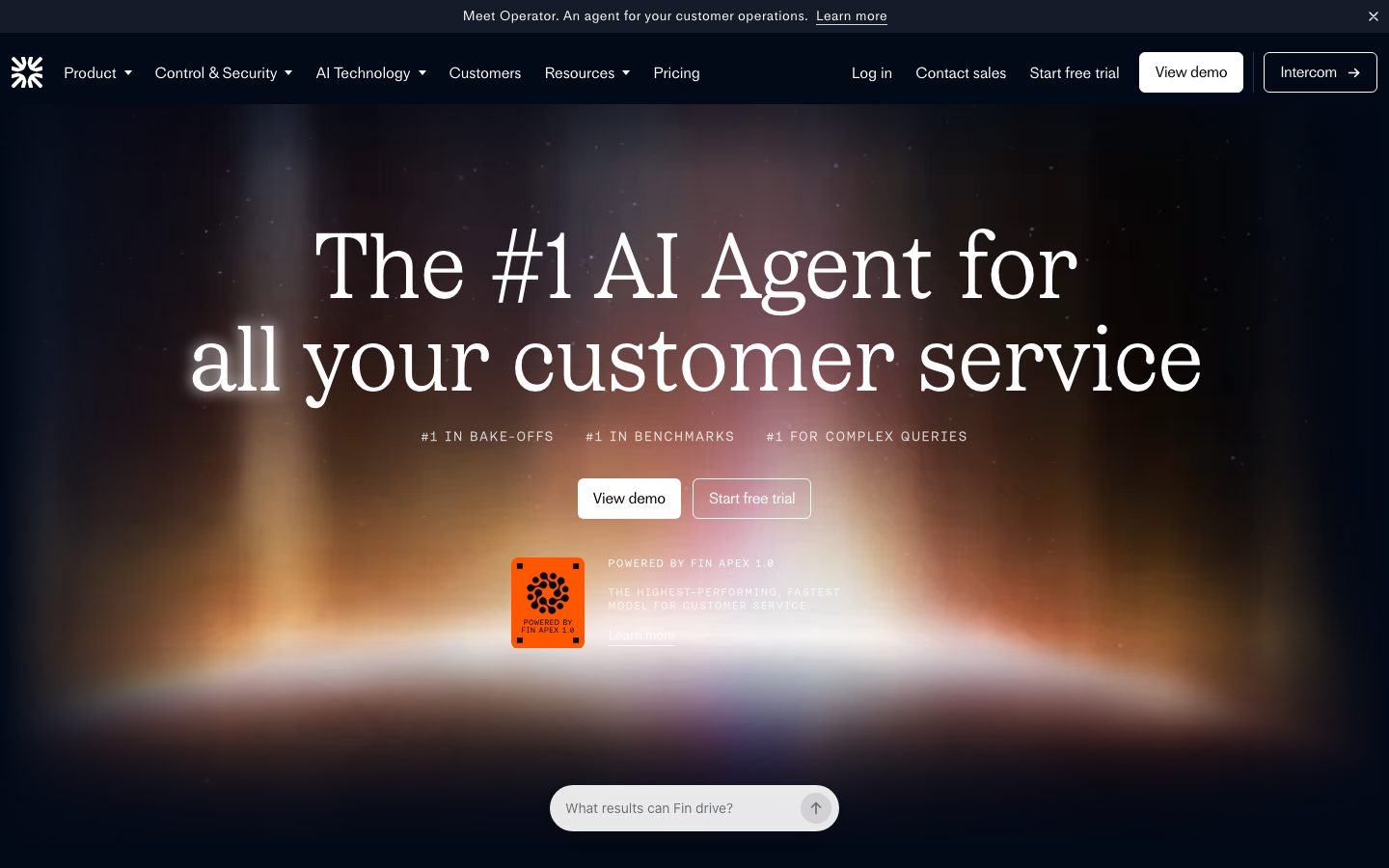 Intercom Fin AI agent homepage showing the number 1 AI agent positioning and free trial CTA