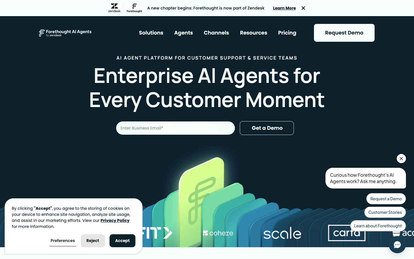 Forethought AI homepage showing support automation and AI triage tools for customer service teams