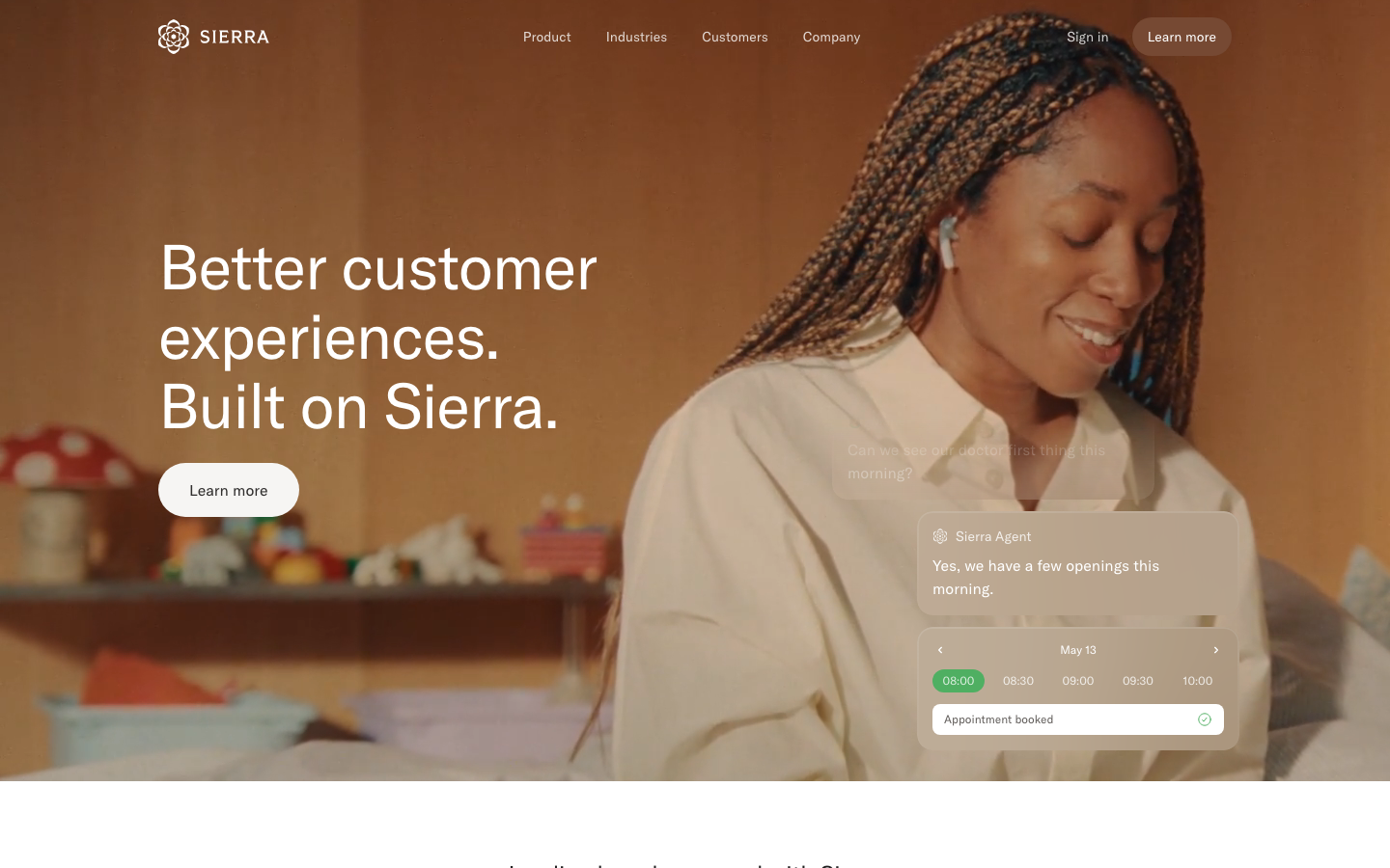 Sierra AI homepage showing the customer experience platform with conversation interface