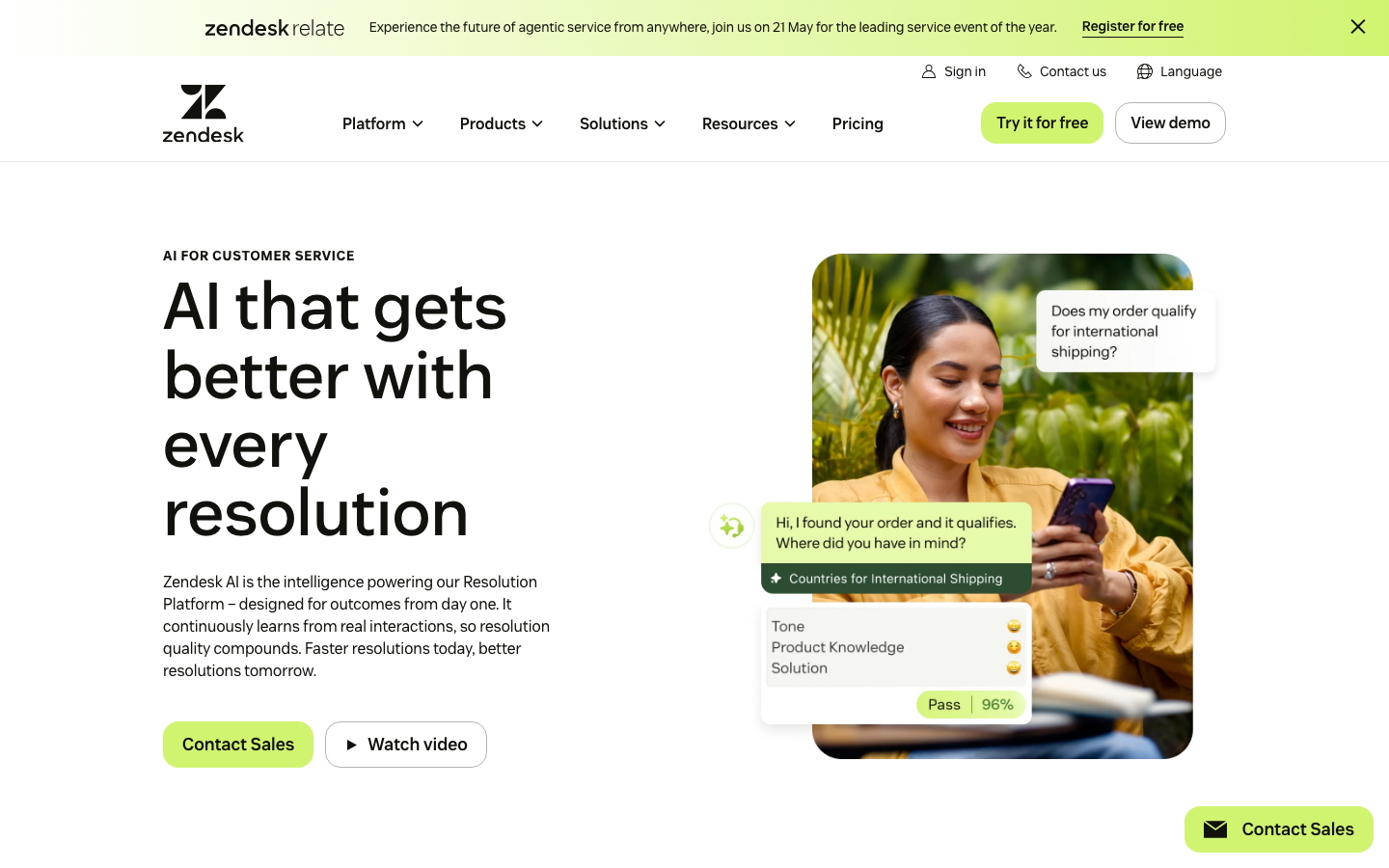 Zendesk AI service page showing intelligent triage and AI agent capabilities for customer support