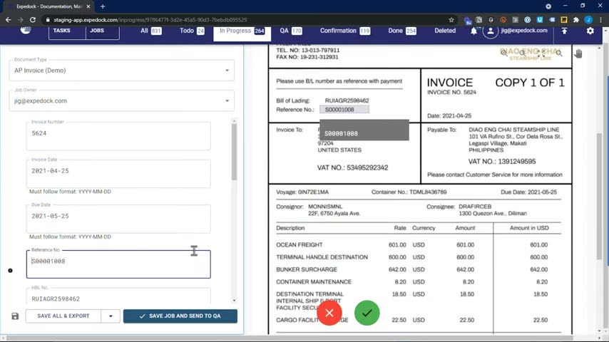 Expedock AP invoice extraction screen with document fields matched against an ocean freight invoice image