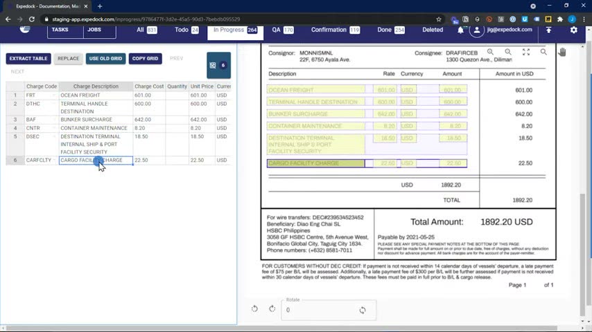 Expedock extract table view matching freight charge codes and amounts against the source invoice