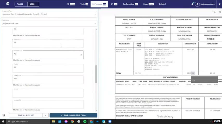 Expedock shipment and consol creation screen with bill of lading fields extracted from a document