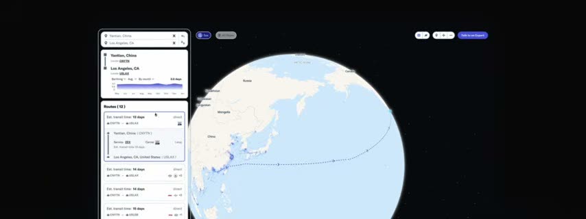 Flexport ocean route search results comparing transit times from Yantian to Los Angeles