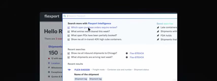 Flexport Intelligence search bar showing suggested questions and recent shipment results