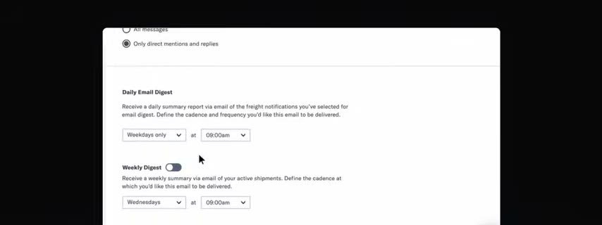 Flexport notification settings screen for daily and weekly freight email digests