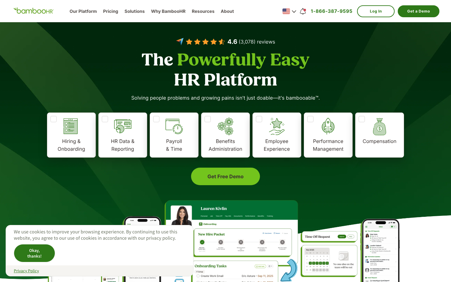 BambooHR homepage showing all-in-one HR platform with employee records, onboarding, time tracking and AI-powered HR analytics