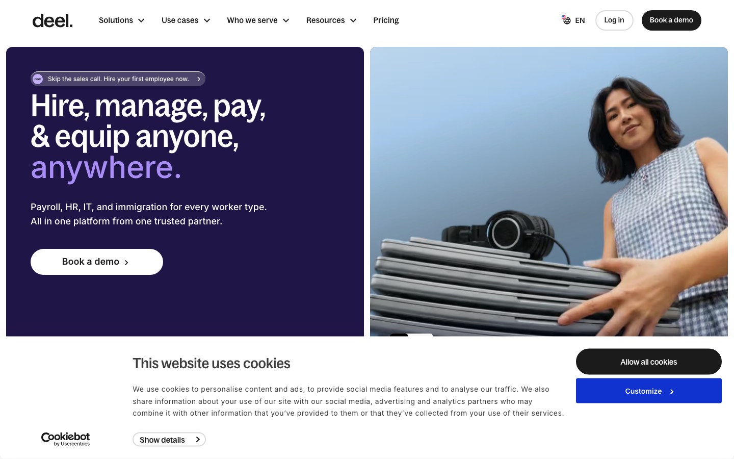 Deel homepage showing global HR platform covering payroll, EOR, compliance and AI-powered HR operations for 150+ countries